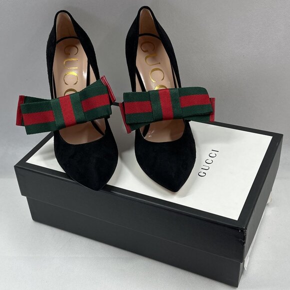 NIB Authentic Gucci Sylvie Black Suede Pumps with Green & Red Stripe Web Bow - Picture 1 of 15